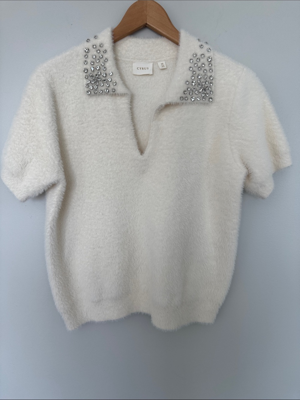 Cyrus Cream V-Neck Short Sleeve Sweater Jeweled Collar Size Medium
